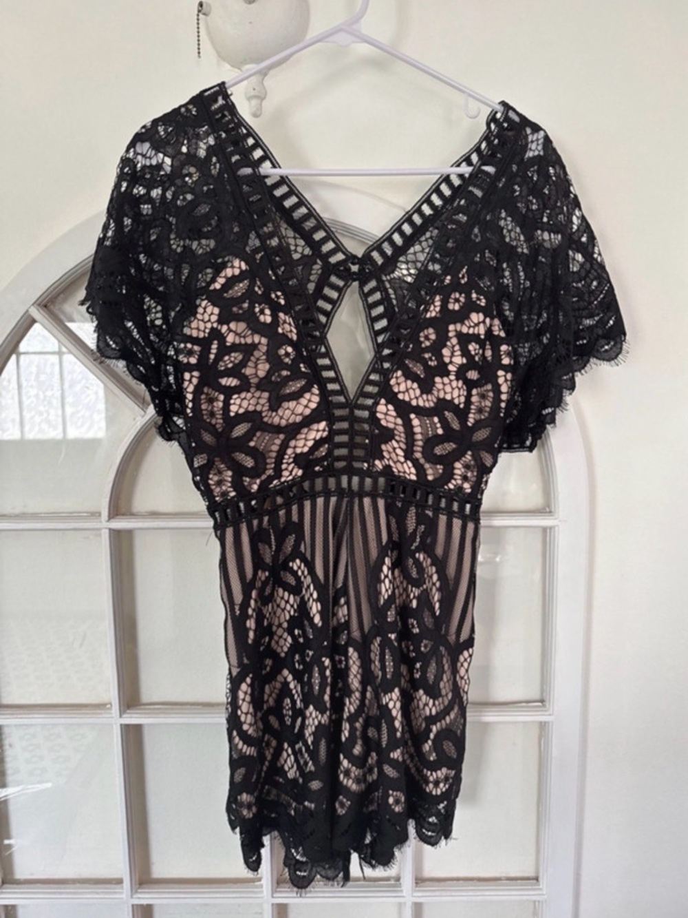 Black Lace Overlay Romper with Nude Lining-nude illusion.
